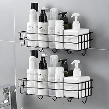 SMTG Self-Adhesive Bathroom Shelf with Hooks - Space-Saving Wall Mounted Shelf for Bathroom Essentials - Durable, No-Drill Required - Sleek Design. (Pack of 2) - image, photos