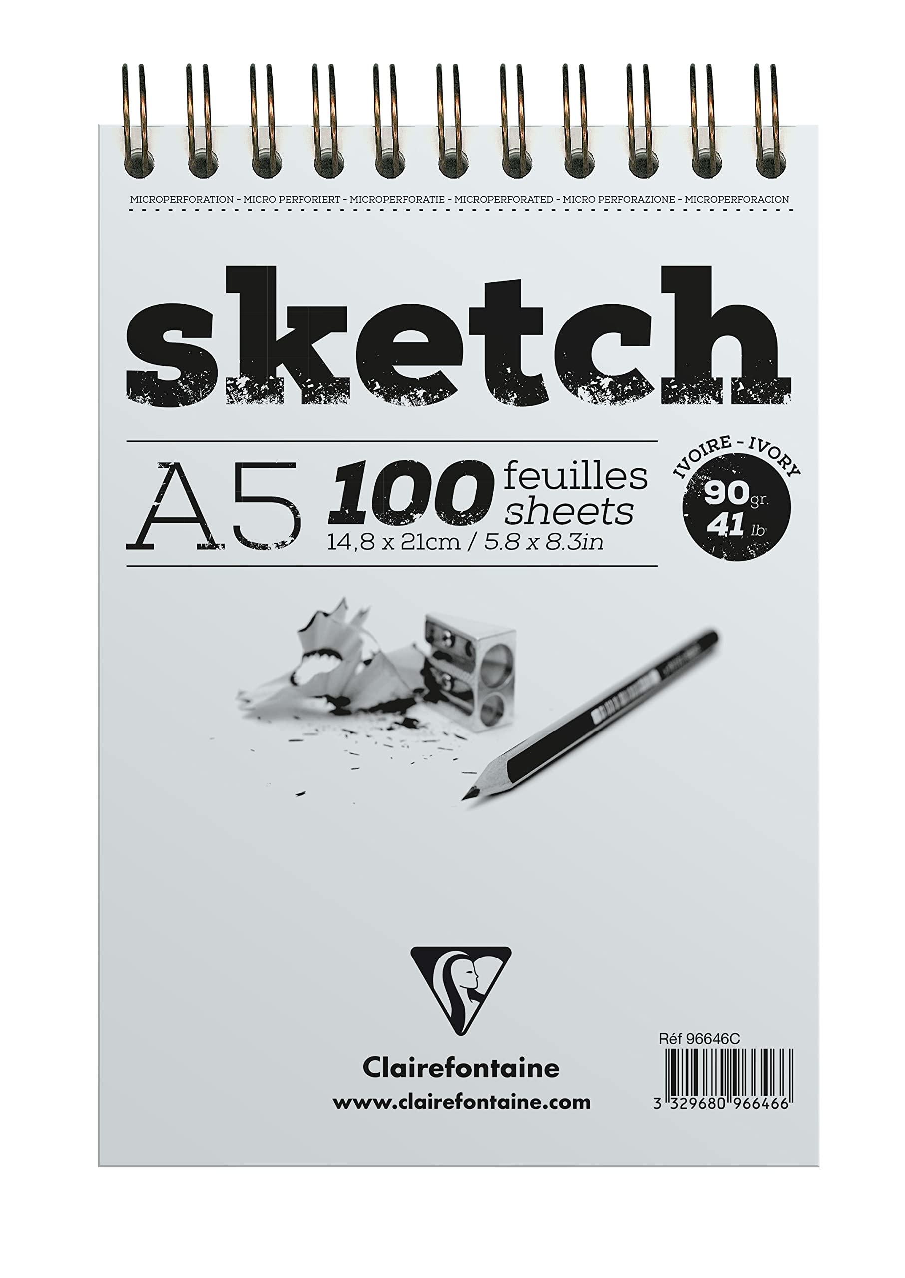 Clairefontaine 96646C Bloc Spiralé en-tête Papier Sketch - 100 Feuilles Papier Dessin Ivoire au Grain Très Léger - Feuilles Détachables - A5 14,8x21 cm 90g - Paquet de 5