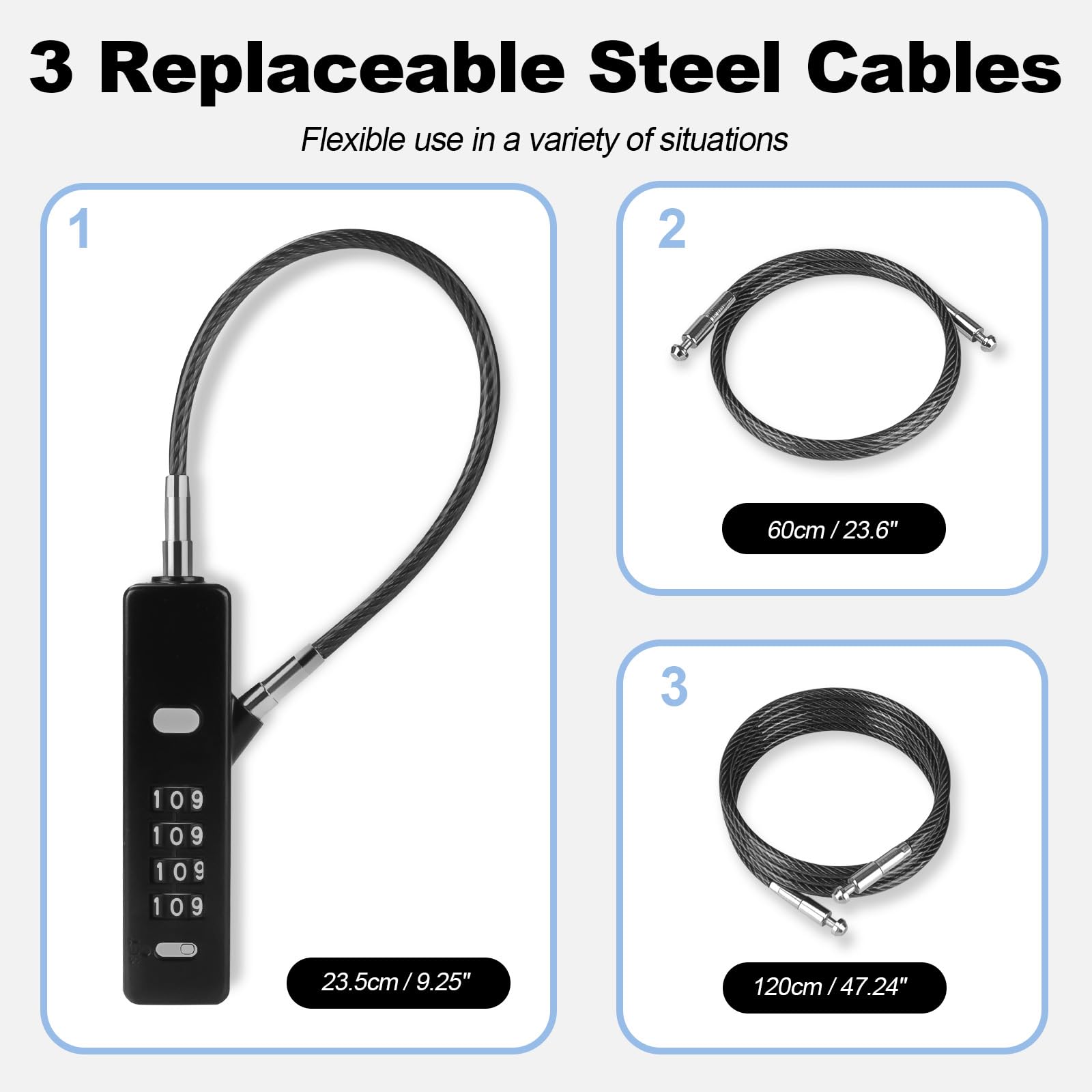 Cadenas à câble polyvalent – Cadenas à combinaison à 4 chiffres avec 3 cordes interchangeables en acier tressé (22,9 cm/59,9 cm/129,9 cm) – Idéal pour vélos, scooters, snowboards, armoires et portails