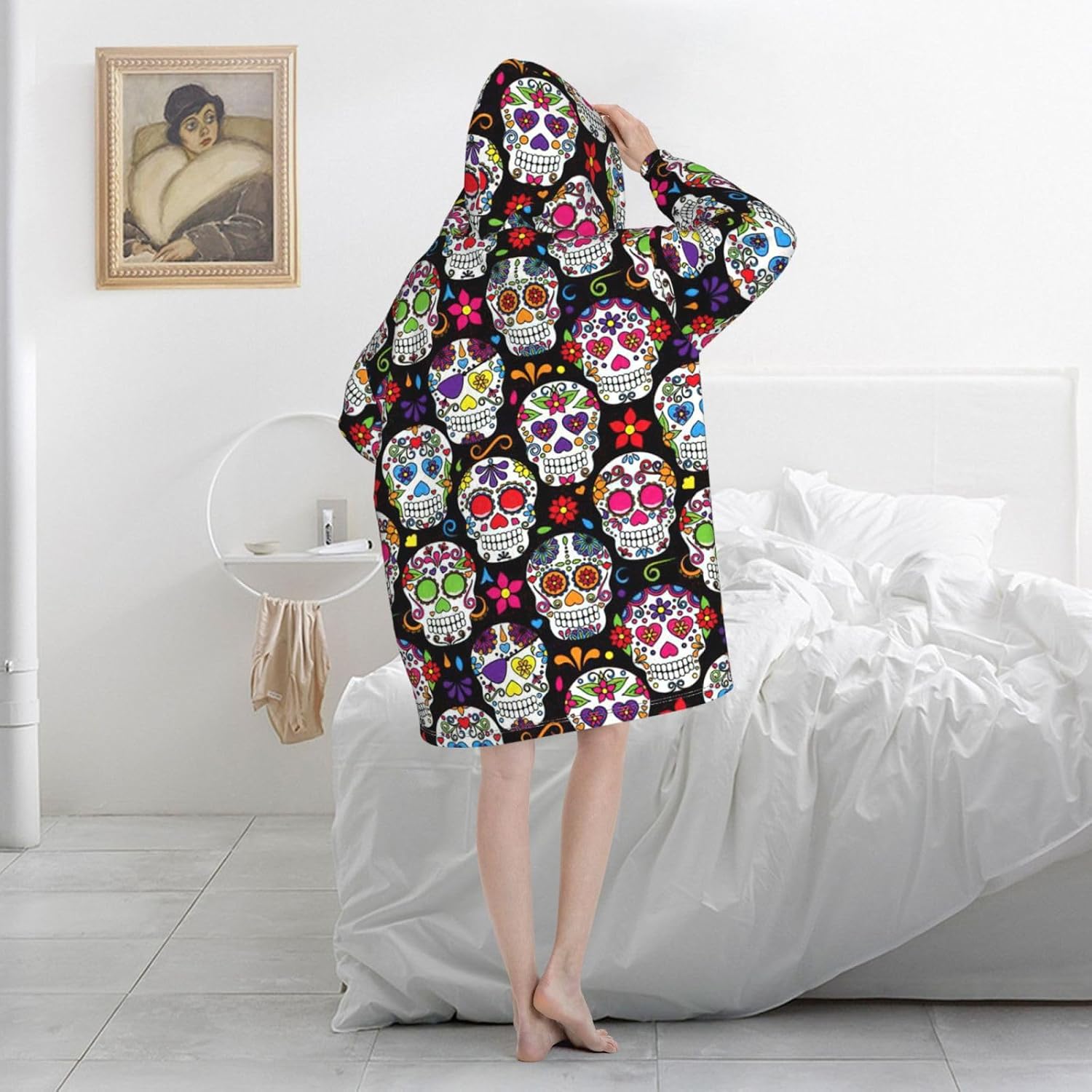 Colorful Flower Skullsprint Oversized Hoodie Blanket, Super Soft Warm Comfortable Hoodie, Wearable Blanket Adult