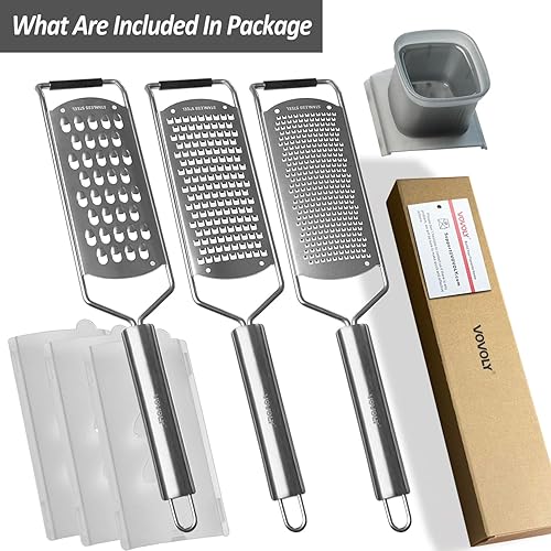 Miniatura 8 de Vovoly Juego de 4 ralladores Zester Pro Set, rallador de queso con hoja de acero inoxidable afilada, finogruesoextra gruesodeslizante