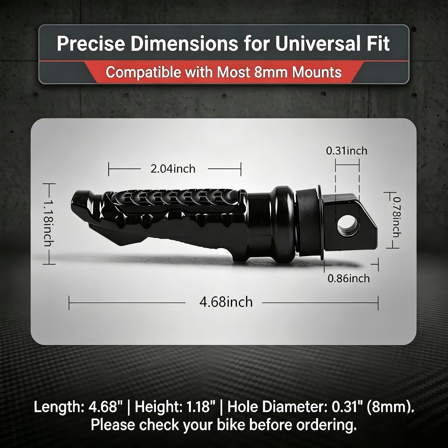 2 PCS Motorcycle Footpeg, Non-slip Motorcycle Rear Foot Peg, Alloy Rustproof Motor Passenger Pegs, Universal for Most 8 mm Screw Hole Motor, E-bikes (Black)