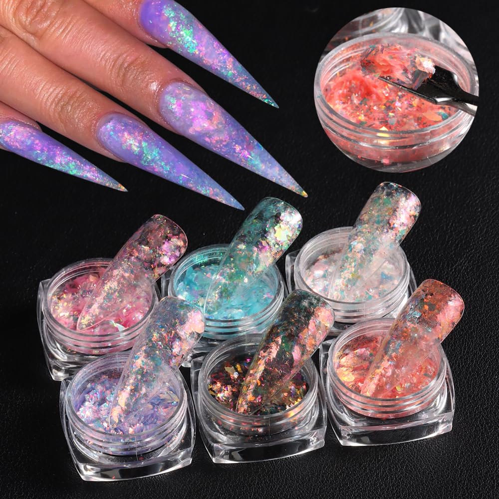Holographic Iridescent Nail Art Glitter Flakes, 6 Colors Sparkly Ultra-Thin Aurora Foil Nail Art Flakes Designs, Opal Powder Nail Glitters Sequins