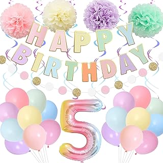 BRT Bearingshui 5th Birthday Decorations for Girls Boys, 40 Inch Rainbow Gradient Number 5 Balloon, 5th Birthday Balloon, Happy Birthday Banner, Childrenâ€™s 5th Birthday Party Supplies for Kids