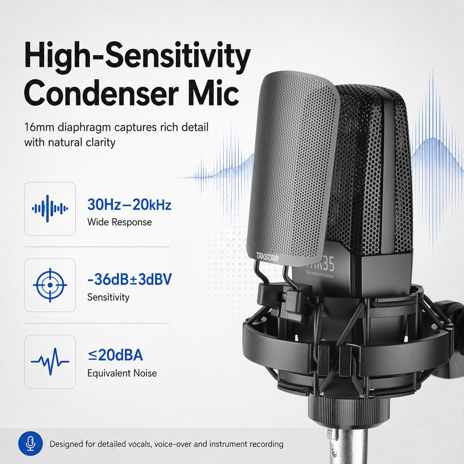 Takstar Micrófono de condensador XLR, micrófono profesional de grabación de estudio con soporte de choque para transmisiones, podcasting, video, transmisión, YouTube, grabación de instrumentos vocales