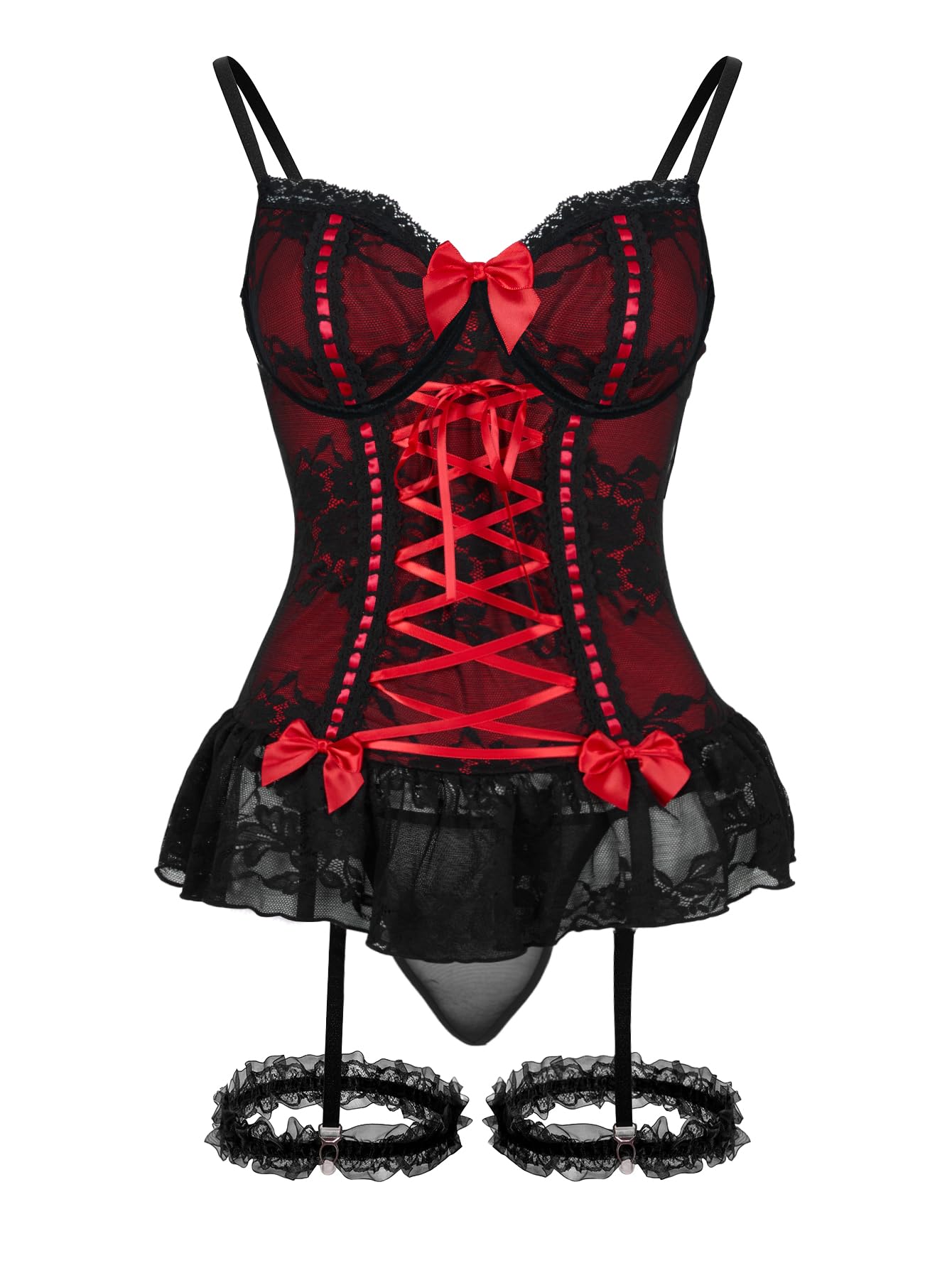 GXNRHG Corsé de Malla Sexy con Volantes y Encaje con Aros, Liguero Transparente, picardías, Conjunto de lencería con Tanga, 3 Piezas