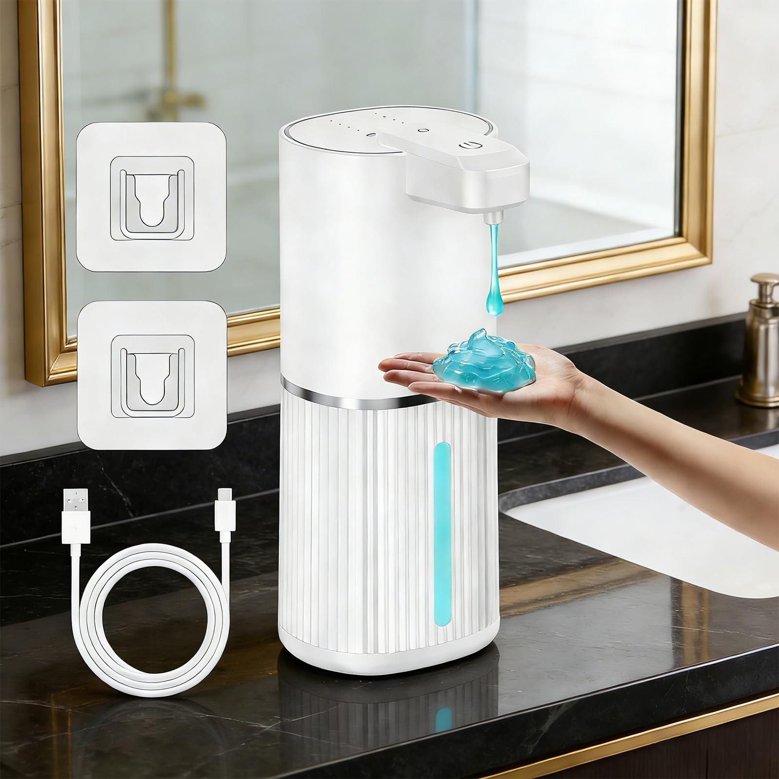 Automatyczny dozownik mydła ze wskaźnikiem poziomu naładowania baterii, 380 ml, elektryczny dozownik mydła z czujnikiem, dozownik mydła w piance, montowany na ścianie, do łazienki, kuchni, biura