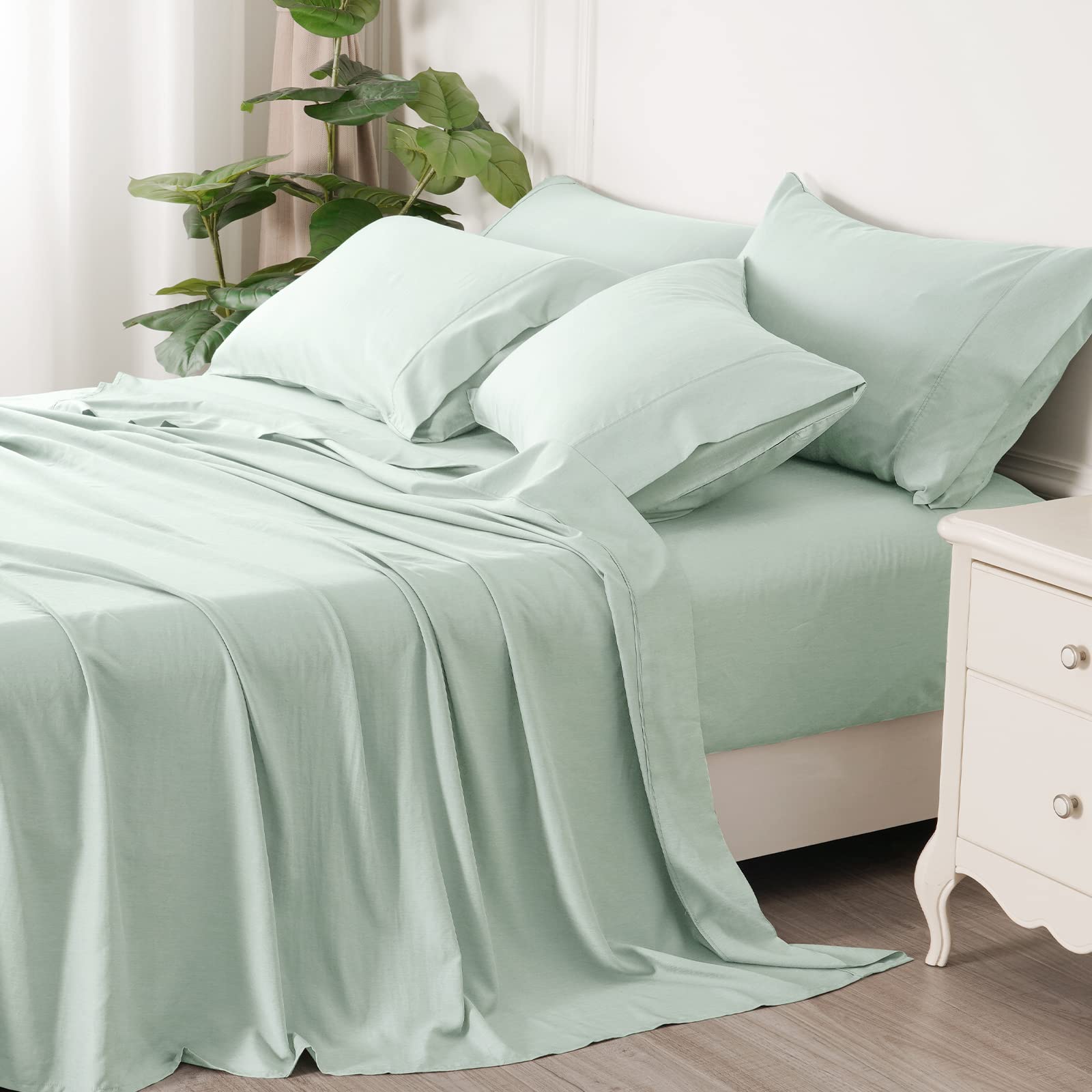 PHF 6 Piece Bamboo_Cooling Sheets Set Queen Size, Silky Soft Viscose from Bamboo Bed Sheets Set, 1800 Thread Count 16 Inch Deep Pockets, Smooth Breathable Bedding Sheets, Sage Green