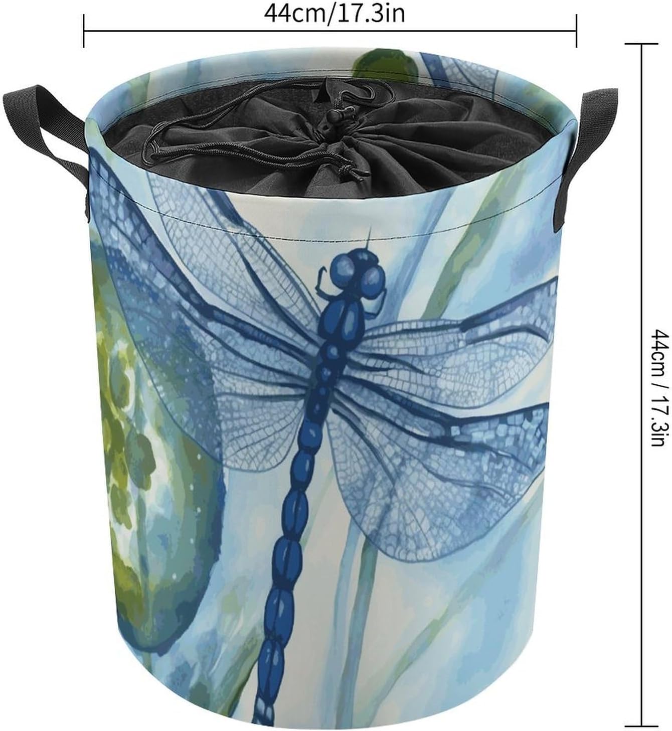 Hand Painted Blue Dragonfly Laundry Basket with Lid Collapsible Waterproof Laundry Hamper Large Drawstring Clothes Hamper Storage Bin with Handles for Home Bathroom Bedroom Dorm 17.3 x 17.3 Inch