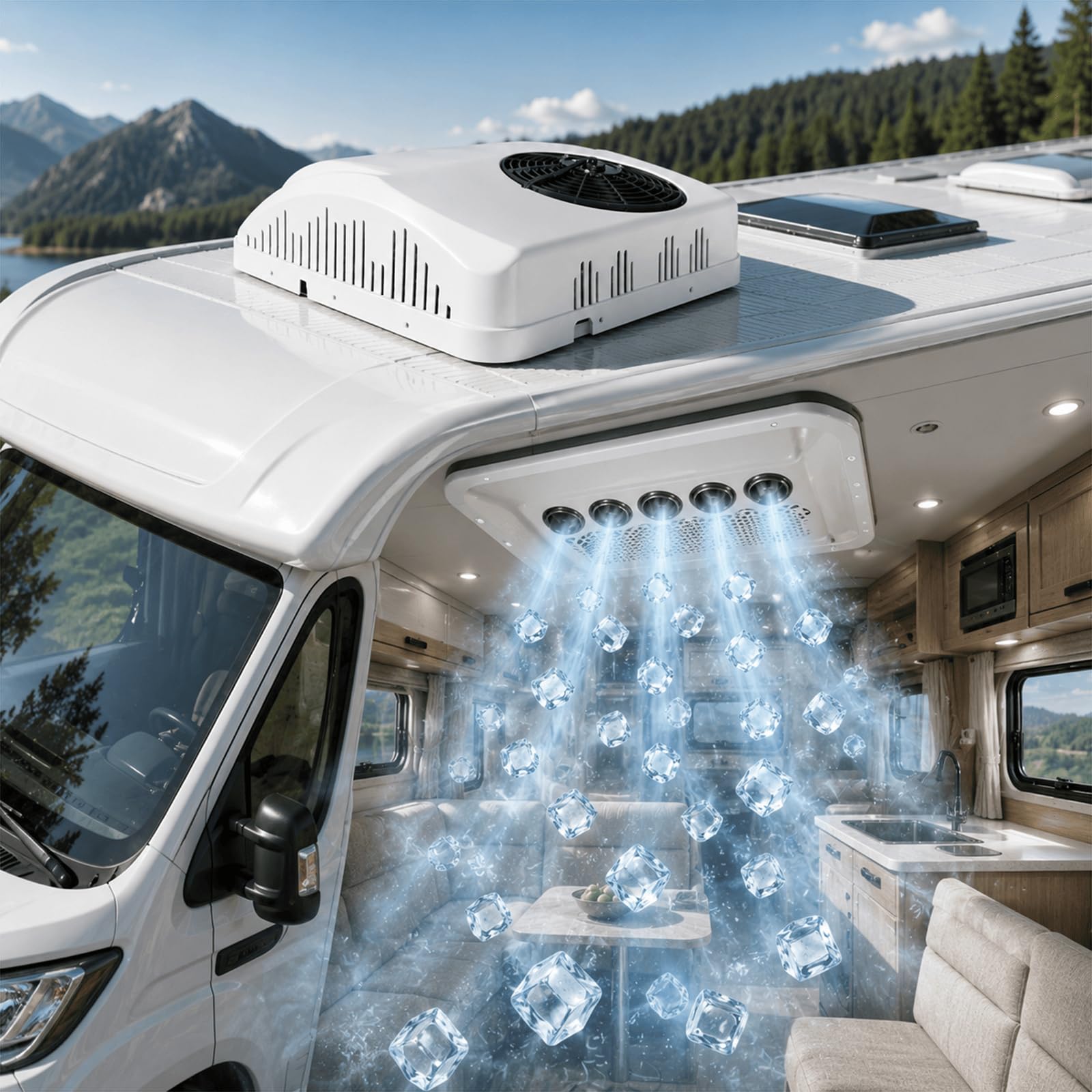 Climatizzatore per Camper da 7850BTU 12 Volt AC con Funzione Freddo/Caldo | Raffreddamento da 2300 W e riscaldamento da 1000 W, installazione non distruttiva, bassa rumorosità, per camper, camion