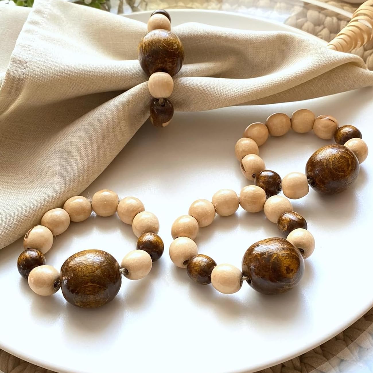 Napkin Rings Set of 6 - Modern Napkin Holder Rings with Wooden Beads | Dinner Napkin Ring for Holiday & Christmas, Birthday Party, & Wedding Decor - Farmhouse Napkin Rings Bulk (Loggi)