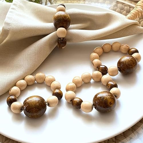 Miniatura 4 de Juego de 6 servilleteros modernos con cuentas de madera  Servilleteros de cena para vacaciones y Navidad, fiesta de cumpleaños y decoración de boda