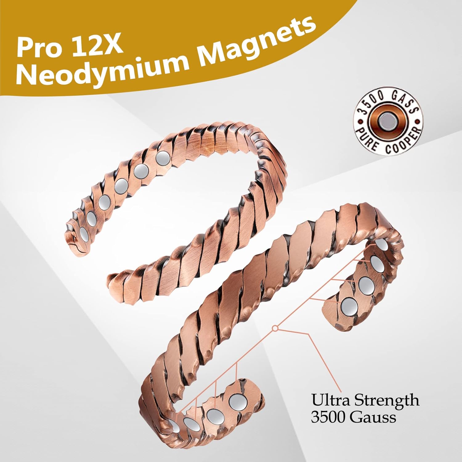 Feraco Copper Bracelets for Men, 12X Strength Wide Pure Copper Magnetic Bracelet for Men with Neodymium Magnets, Adjustable Cuff Bangle with Giftable Box - Image 4