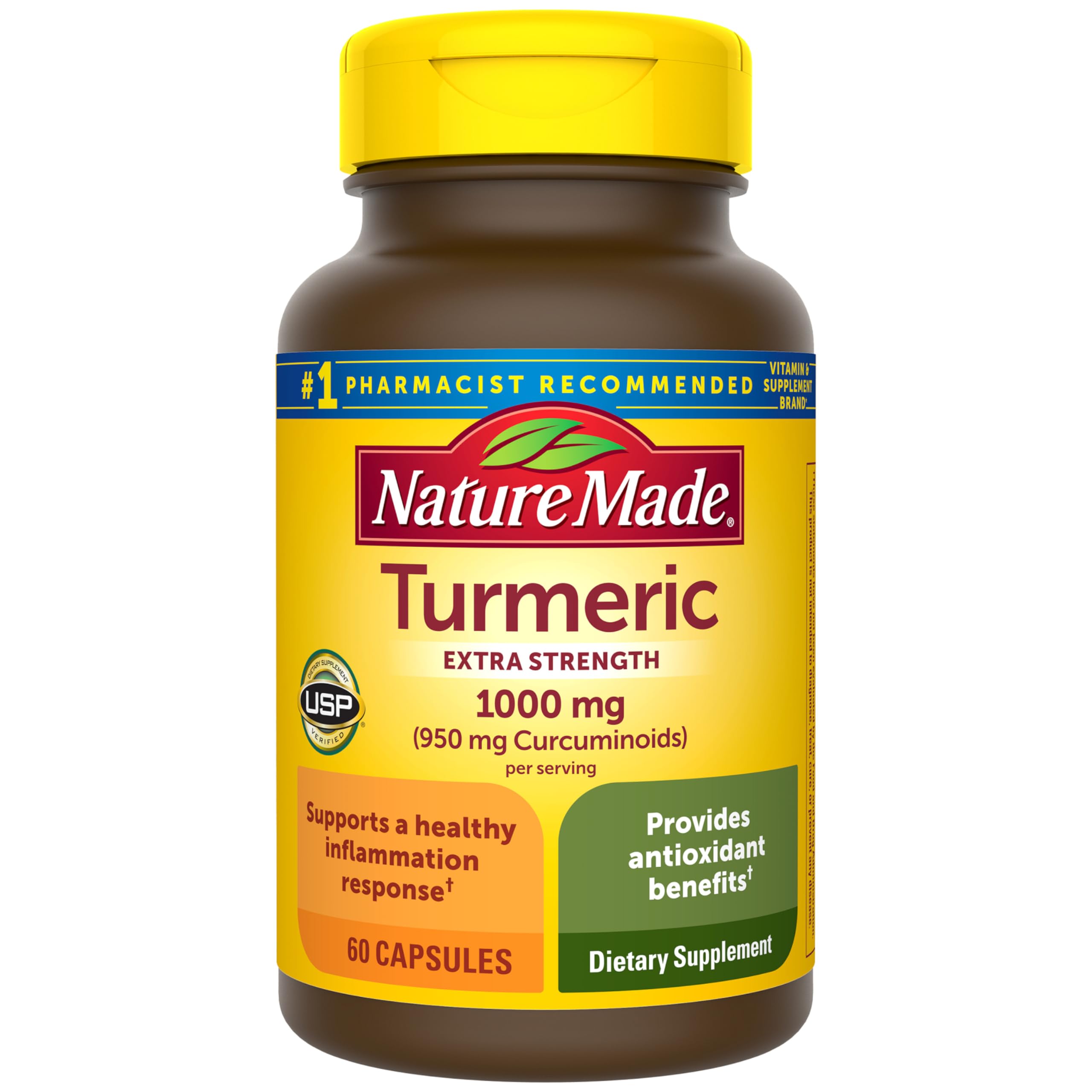 Nature Made Extra Strength Turmeric Curcumin with Black Pepper, 1000mg Turmeric Extract per serving (Standardized to 95% Curcuminoids), Supports Healthy Inflammation Response, 60 Vegetarian Capsules