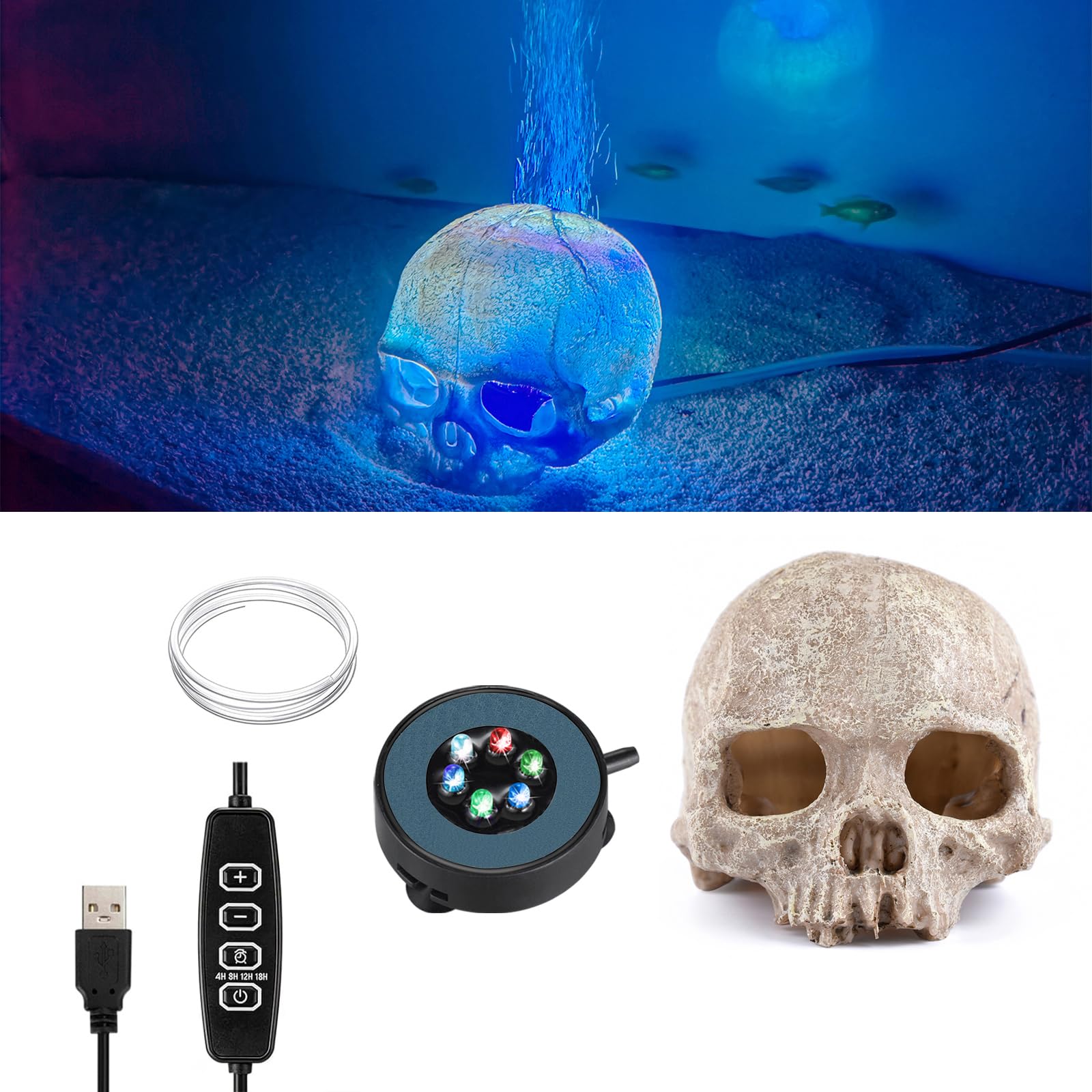 Photo 1 of Carefree Fish Aquarium USB LED Light 2Inch Air Stone Timer with 3Ft SiliconeTubing Fish Tank Bubbler and Halloween Skull Deocr for Freshwater and Saltwater Fish Tank?Not Included Air Pump?