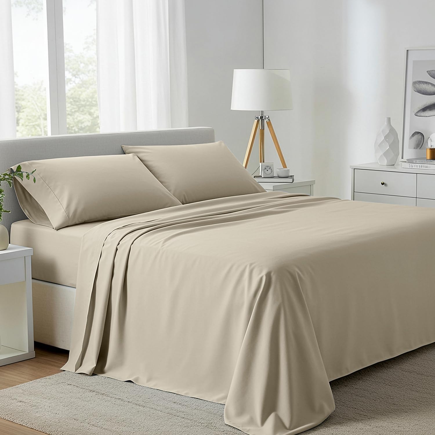 100% Egyptian Cotton King Size Sheets Set - 800 High Thread Count Egyptian Cotton Sheets King Size (4 PC, Beach Sand) Soft, Cooling, 16" Deep Pocket Sateen Weave Luxury Hotel Bed Sheet