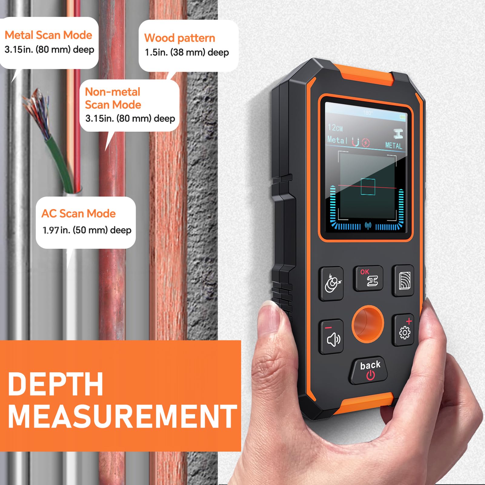 Detector de escáner de pared 3 en 1 para madera, metal y cables de CA activos con pantalla LCD a color de 2,4 pulgadas, medición de profundidad de hasta 3,15 pulgadas, batería de