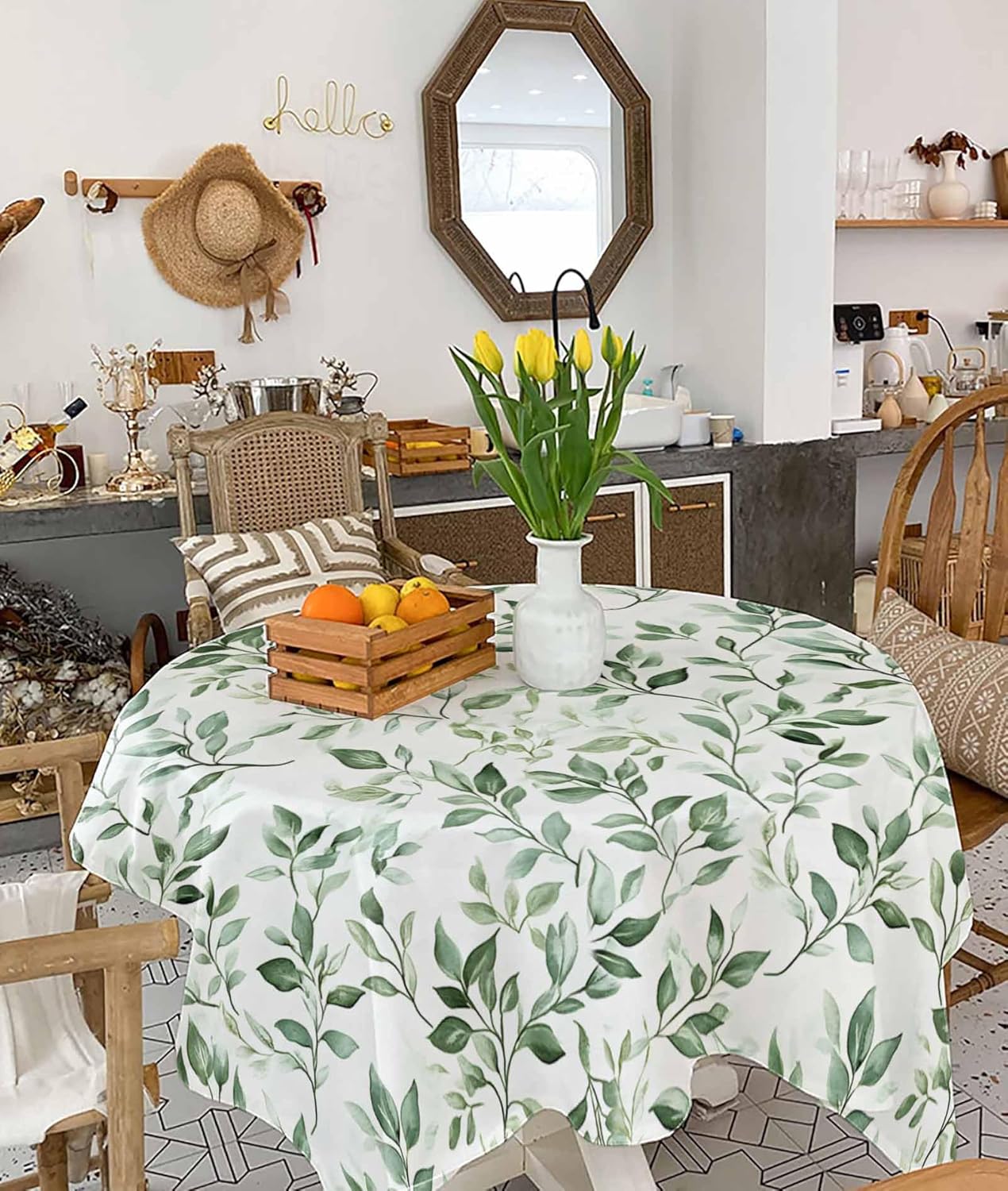 Spring Green Leaves Rectangle Round Table Cloth 60x60 Inch, Watercolor Plant Indoor Outdoor Tablecloth, Waterproof Polyester Fabric Washable Table Cover for Party Holiday Picnic Kitchen Decoration