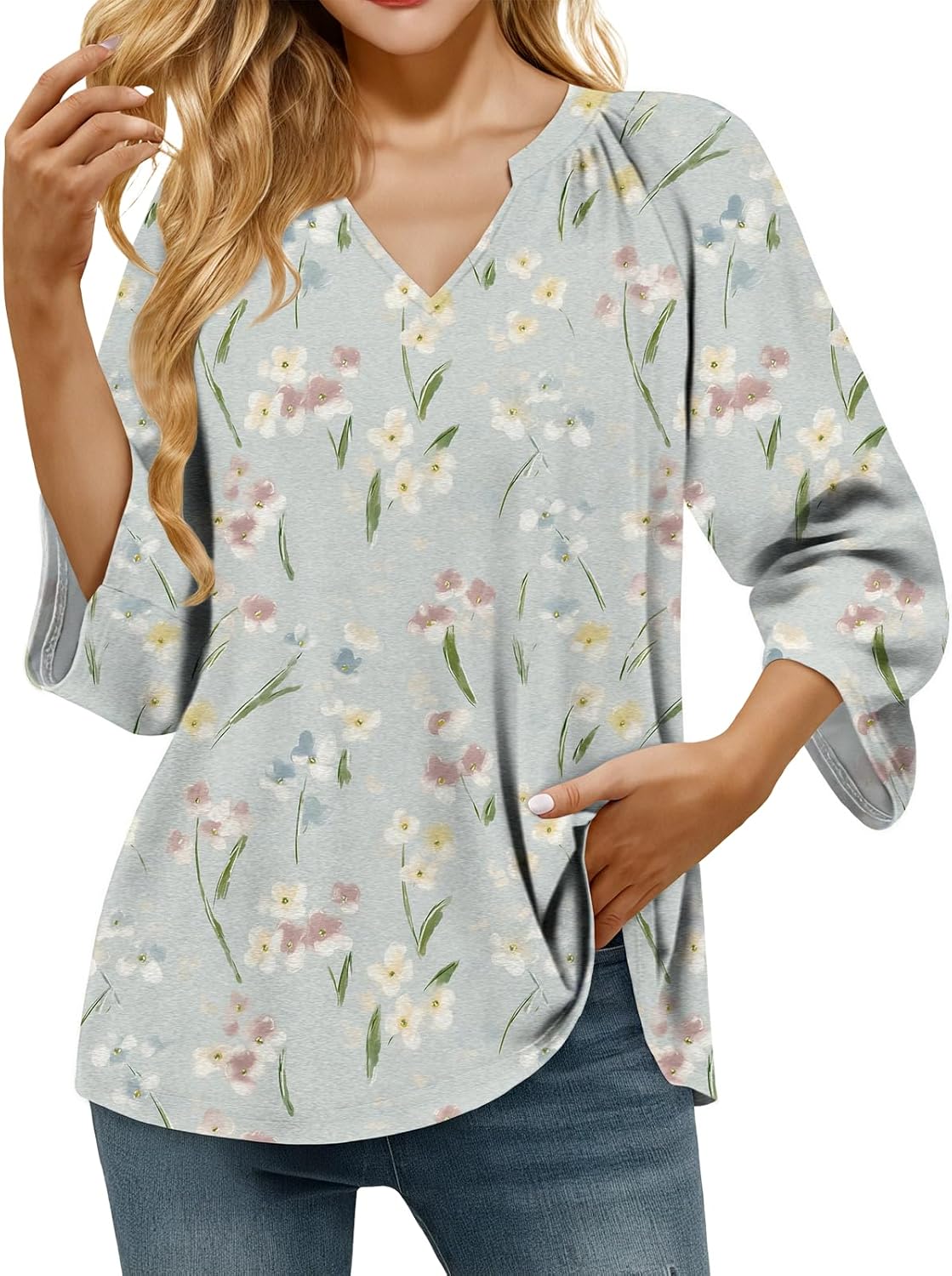 Womens 3/4 Sleeve Shirts Pleated V Neck Boho Floral Blouses Dressy Casual Comfy Soft Flowy Fall Basic Tops