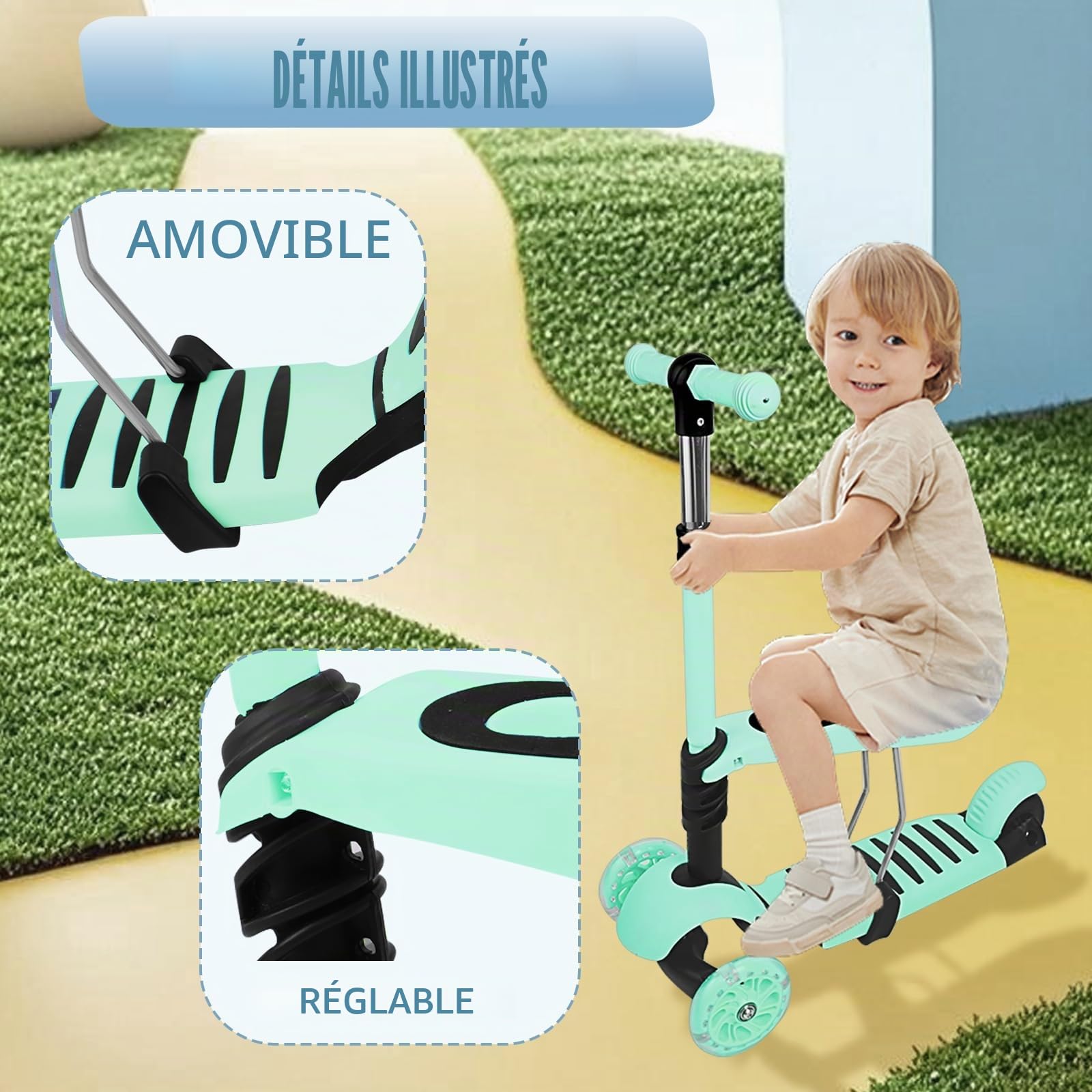 Trotinette Enfant 2-8 Ans 3 en 1 avec siège Amovible Trotteur évolutive Roues Lumineuses sans Pile Pliable