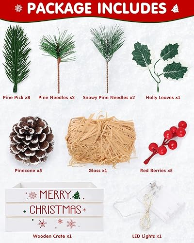 Miniatura 3 de Huray Rayho Centro de mesa de Navidad, 26 piezas, decoración de bandeja escalonada, flor de pino artificial con piñas, bayas rojas, mini cesta de