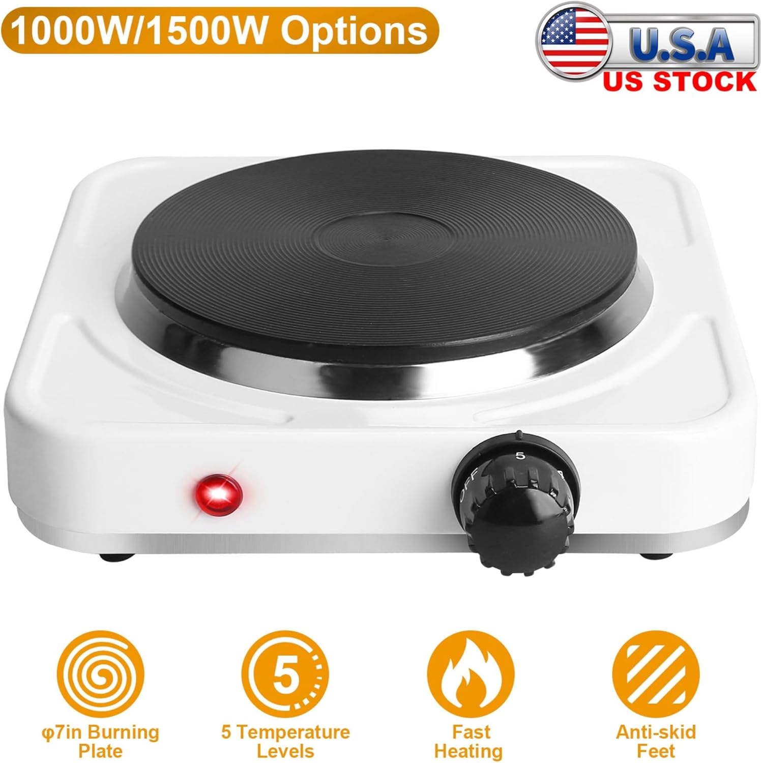Casafoyer 1500W Electric Single Burner Portable Heating Hot Plate Stove Countertop RV Hotplate with Non Slip Rubber Feet 5 Temperature Adjustments