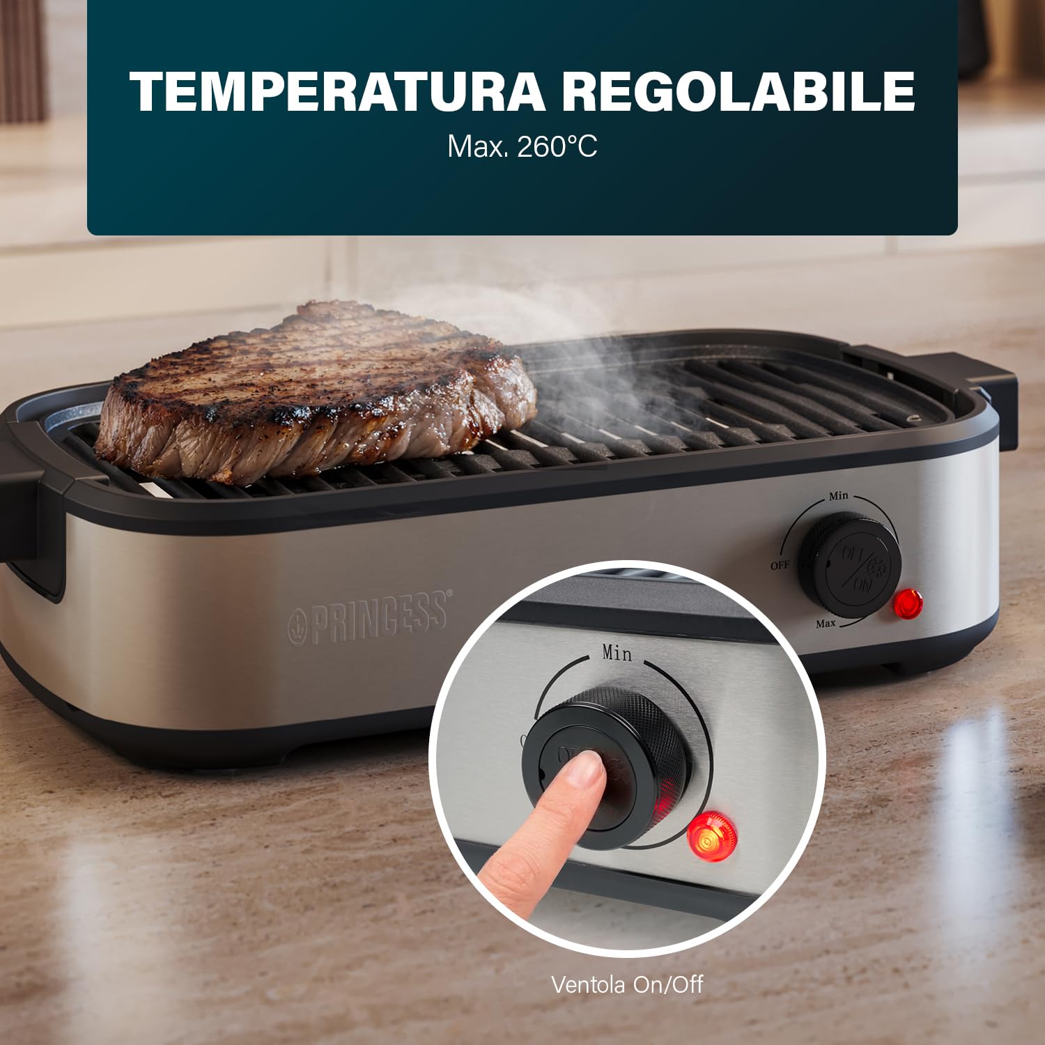 Princess Table Chef Grill da tavolo Purify, griglia elettrica senza fumo con sistema di filtraggio dell'aria, termostato regolabile, strato in ceramica senza PFAS, superficie di cottura 35 x 21 cm