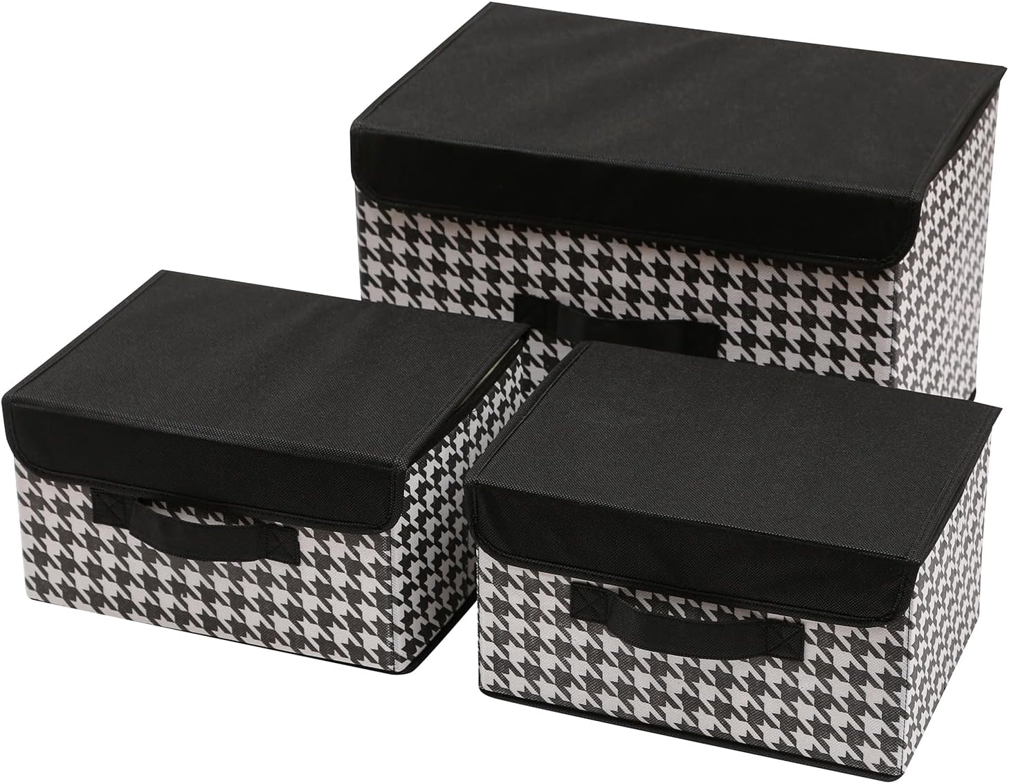 House of Quirk 3 Pack Foldable Storage Bin with Lid and Handle, Versatile Storage Baskets Boxes for Toys, Clothes, Papers, Books, Makeups (Black Houndstooth)
