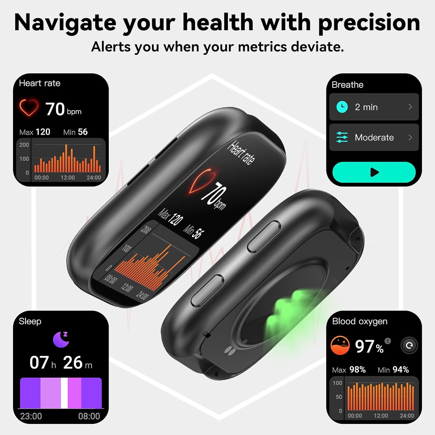 Mingtawn Smart Watch display showing an incoming call, notification icons for various apps, and a voice assistant interface.