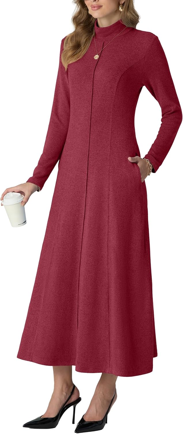 GRECERELLE Women's 2025 Fall Winter Casual Mock Neck Long Sleeve Flared Maxi Sweater Dress with Pockets (XS - 3XL)