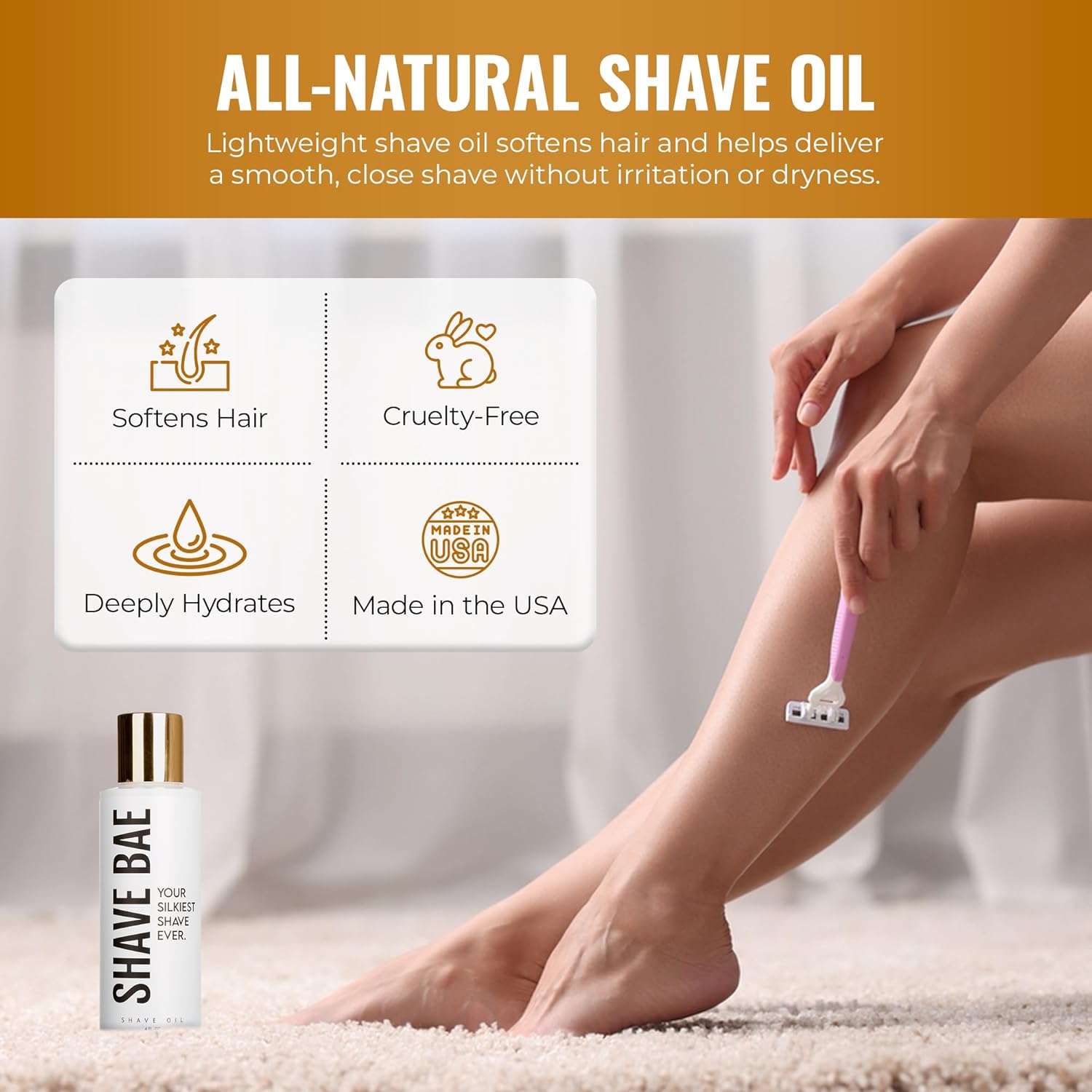 All-Natural Shave Oil – No Razor Burn or Bumps - Get a Silky Smooth Shave - Plant-Based, Nontoxic Shaving Oil Perfect for Bikini Body Beard | Made in USA, 4 Fl Oz