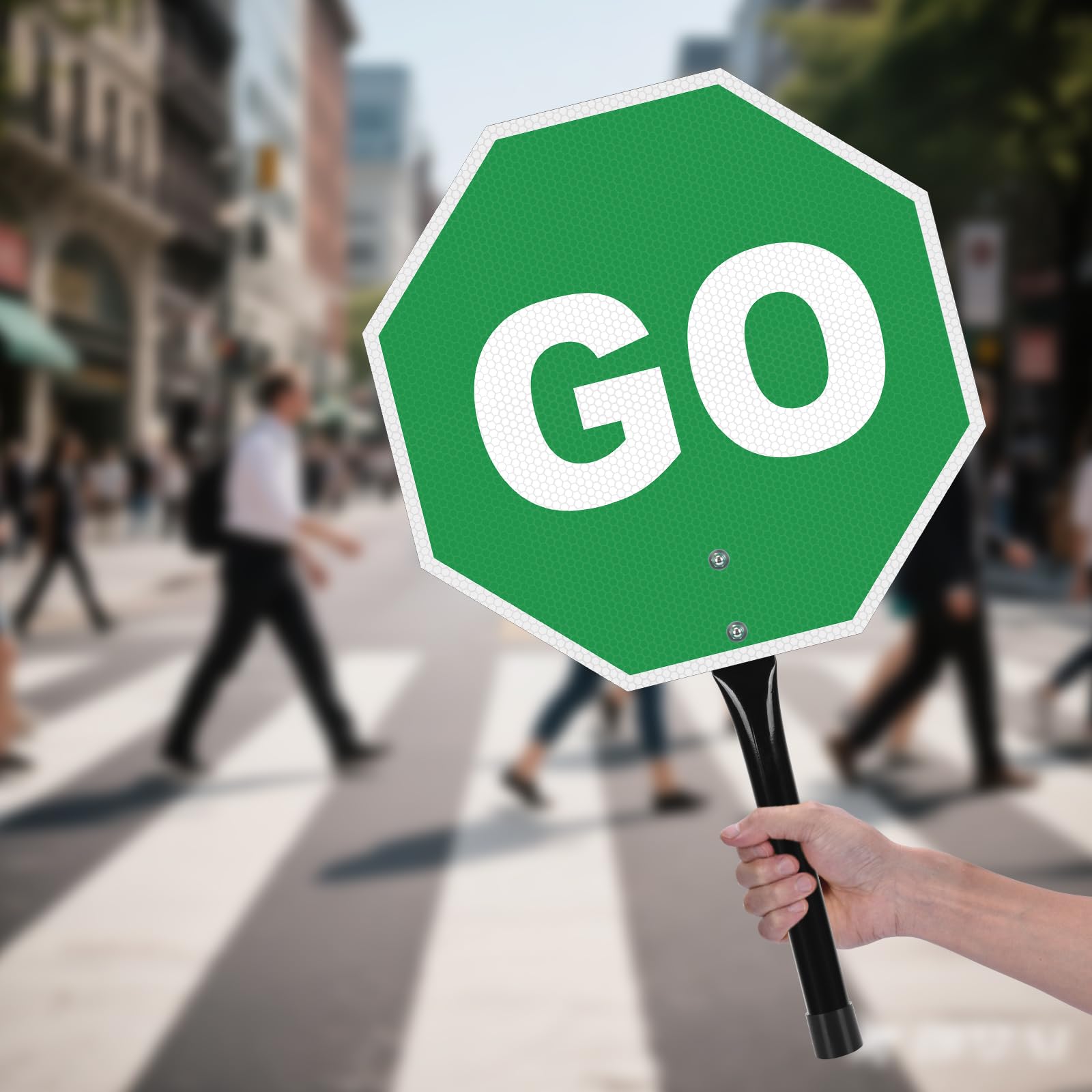 Stop Go Sign with Handle, 12 x 12 Inches Rust Free Aluminum Reflective, Stop/Go Handheld Traffic Sign, Double Sided, Weather Resistant, Easy to Mount — Amazon image 6