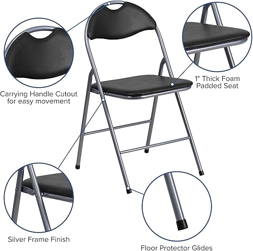 Miniatura 5 de Flash Furniture Pack de 4 sillas plegables de metal de vinilo negro con asa de transporte