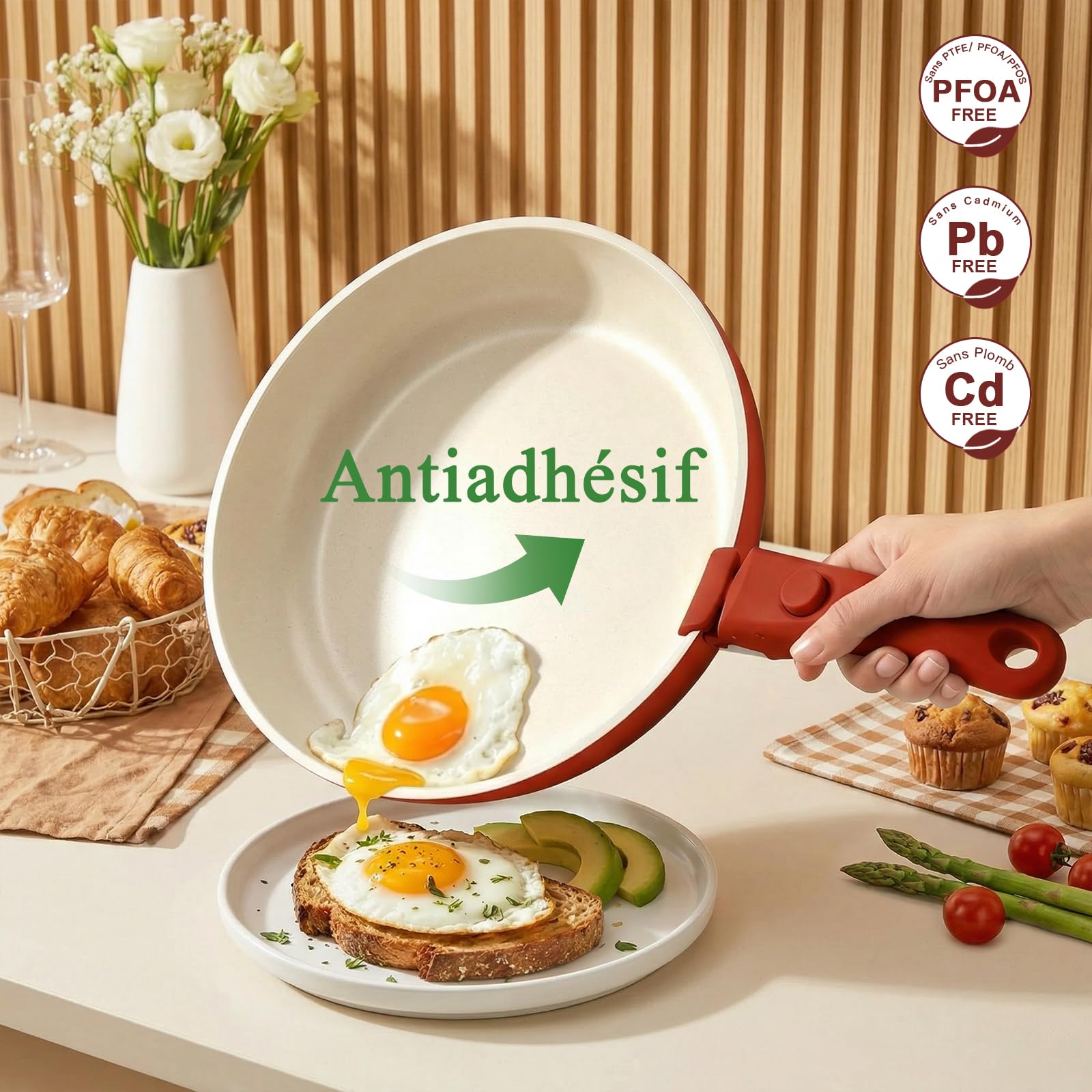 GiPP 21 PièCes Batteries Cuisine Antiadhésive Non Toxique, Poignée Amovible | Poele Induction Tout Feux, Robuste et Facile à Nettoyer, Compatible Lave-vaisselle et Fours, Pot de Camping Empilable, Rouge