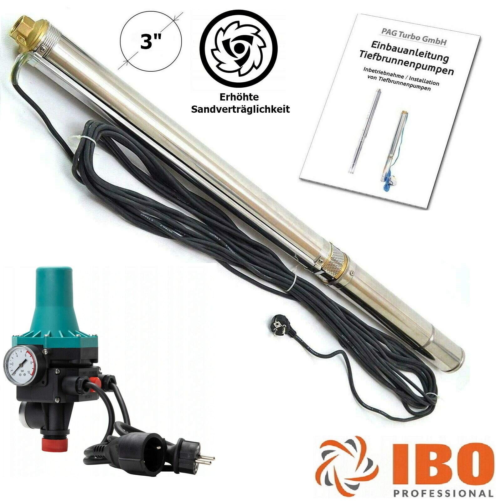 3" Tiefbrunnenpumpe 2700l/h 6,1bar Sandverträglich bis 5% Pumpensteuerung PC59 Silber