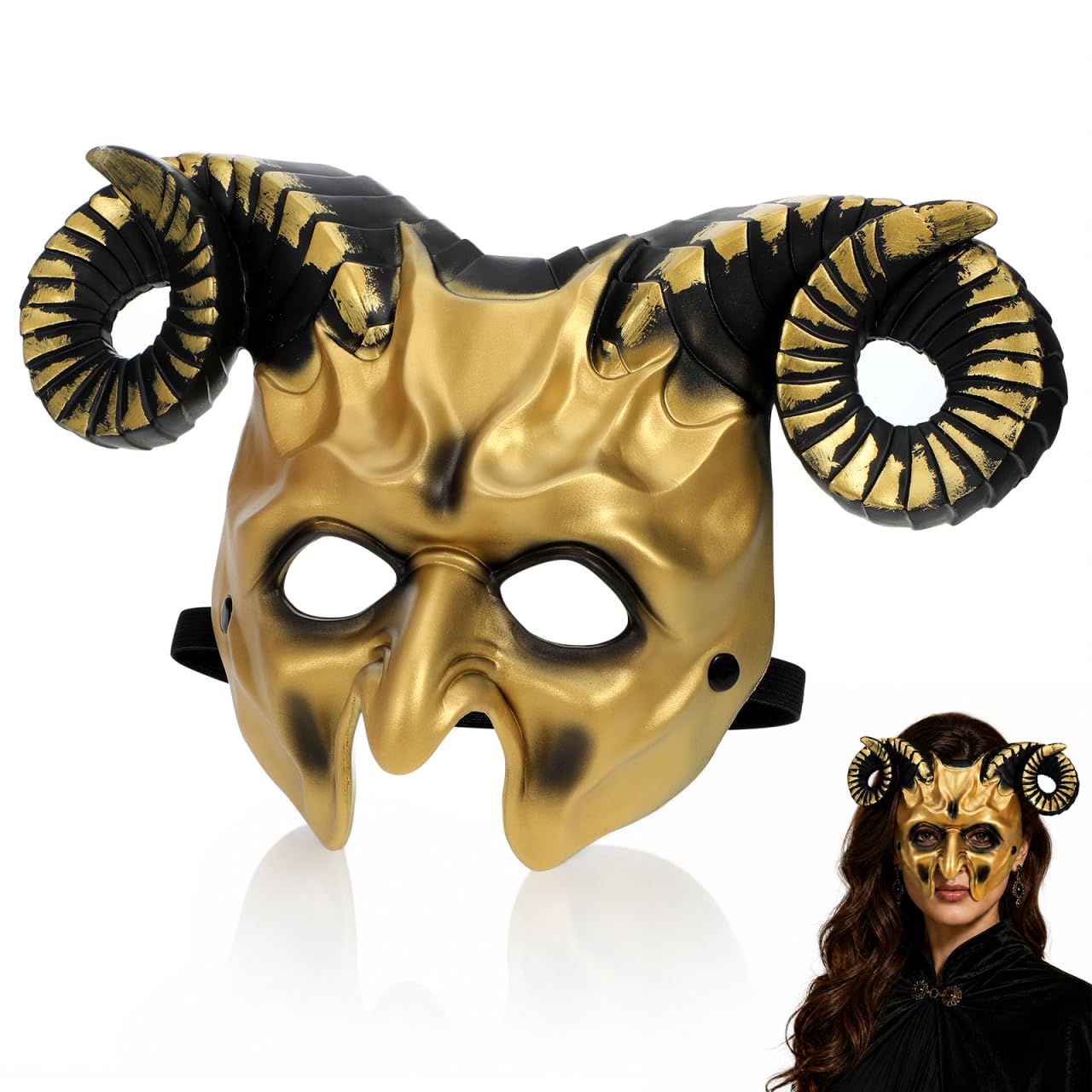 VICASKY Halloween Ox Ram Horns Half Face Mask Devil Goat Horned Mask