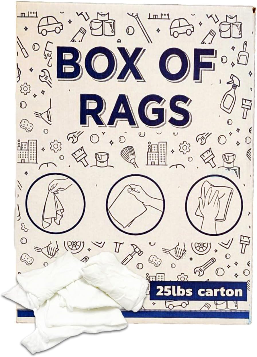 Recycled White T-Shirt Cleaning Rags (25 lbs. Box) – Shop Rags Bulk for Oil, Stain, Grease, Paint, and Auto Cleaning, Multipurpose White Cotton Rag 25.0 lbs. Box