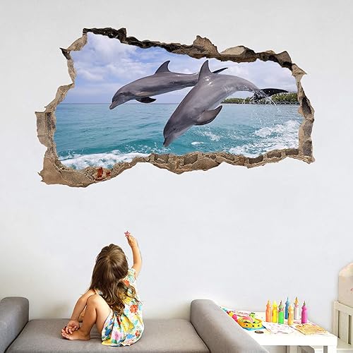 Miniatura 9 de Calcomanía 3D destrozada, vinilo extraíble de delfín, adhesivo decorativo para despegar y pegar, decoración de pared de la vida marina para niñas,