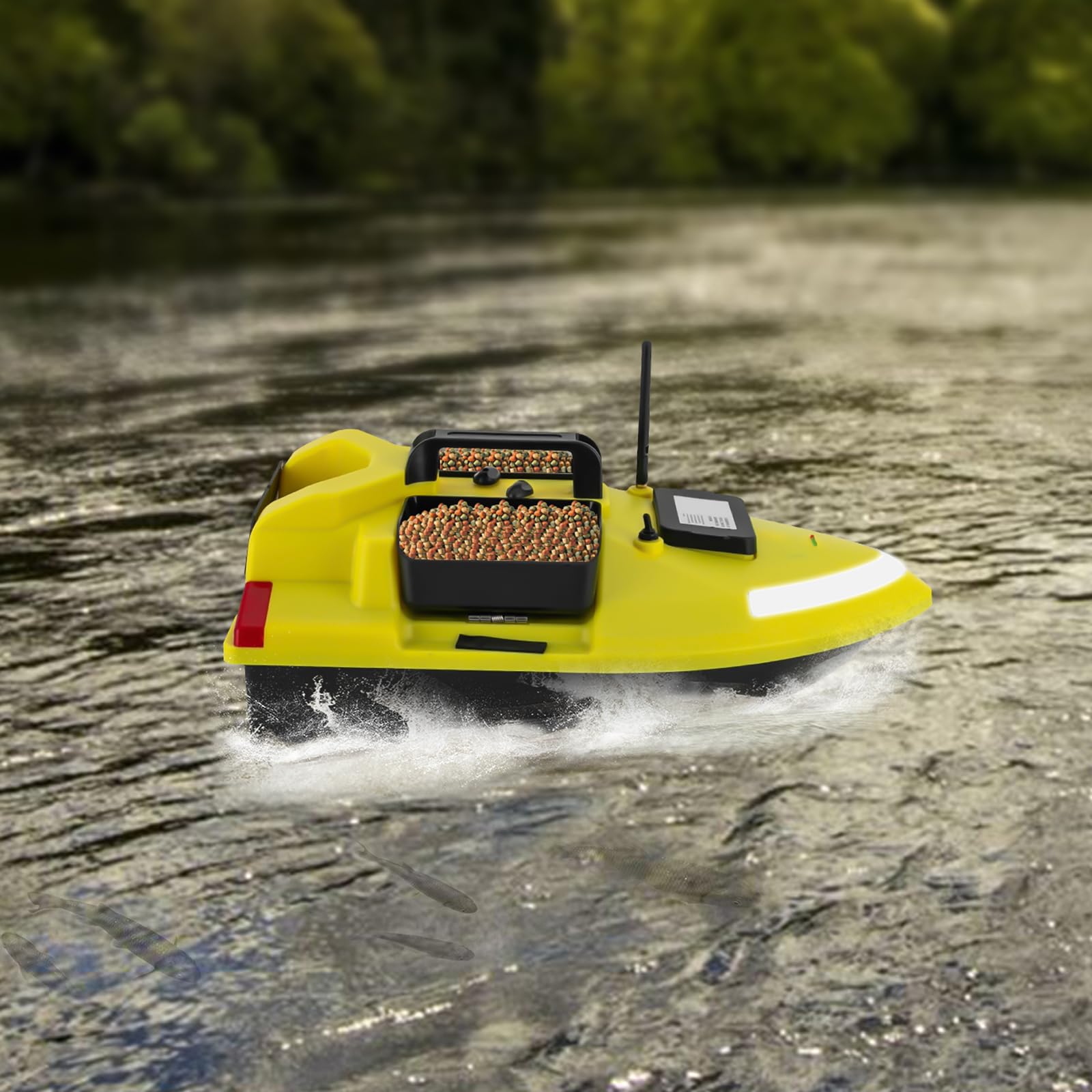 Barco de cebo RC, 500 m, con GPS y 3 cajas de cebo, sistema de control de crucero, capacidad de carga de 2 kg, mando a distancia ABS para lagos, ríos, amarillo