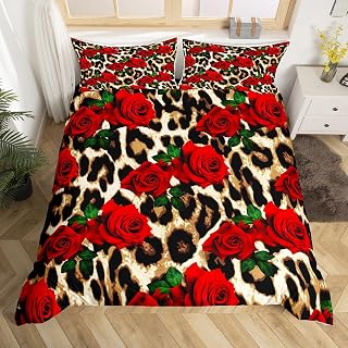 Feelyou Leopard Print Duvet Cover Twin Size Rose Flower Bedding Set Kids Girls Women Room Decor Red Floral Petal Pattern Comforter Cover Branches Green Leaf Cheetah Print (No Comforter)