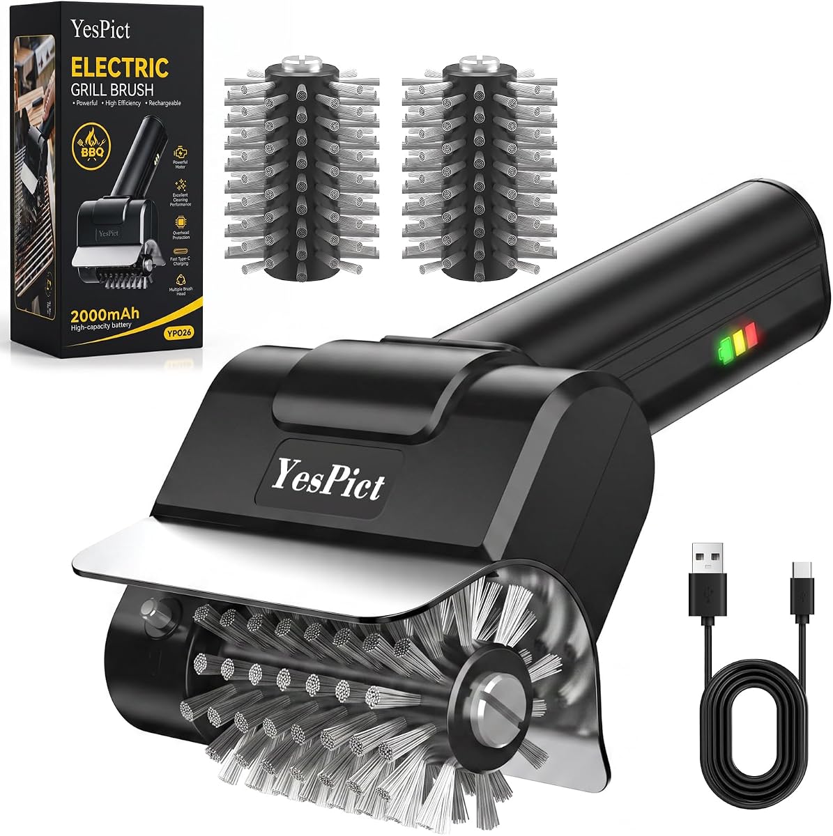 Cepillo eléctrico para parrilla, limpiador de parrilla recargable inalámbrico, cepillo para parrilla de barbacoa | Potencia de limpieza de 1500 RPM, tiempo de funcionamiento máximo de 180 minutos, cabezal de acero inoxidable reemplazable, barbacoas en el patio trasero, picnics en el parque, portones traseros