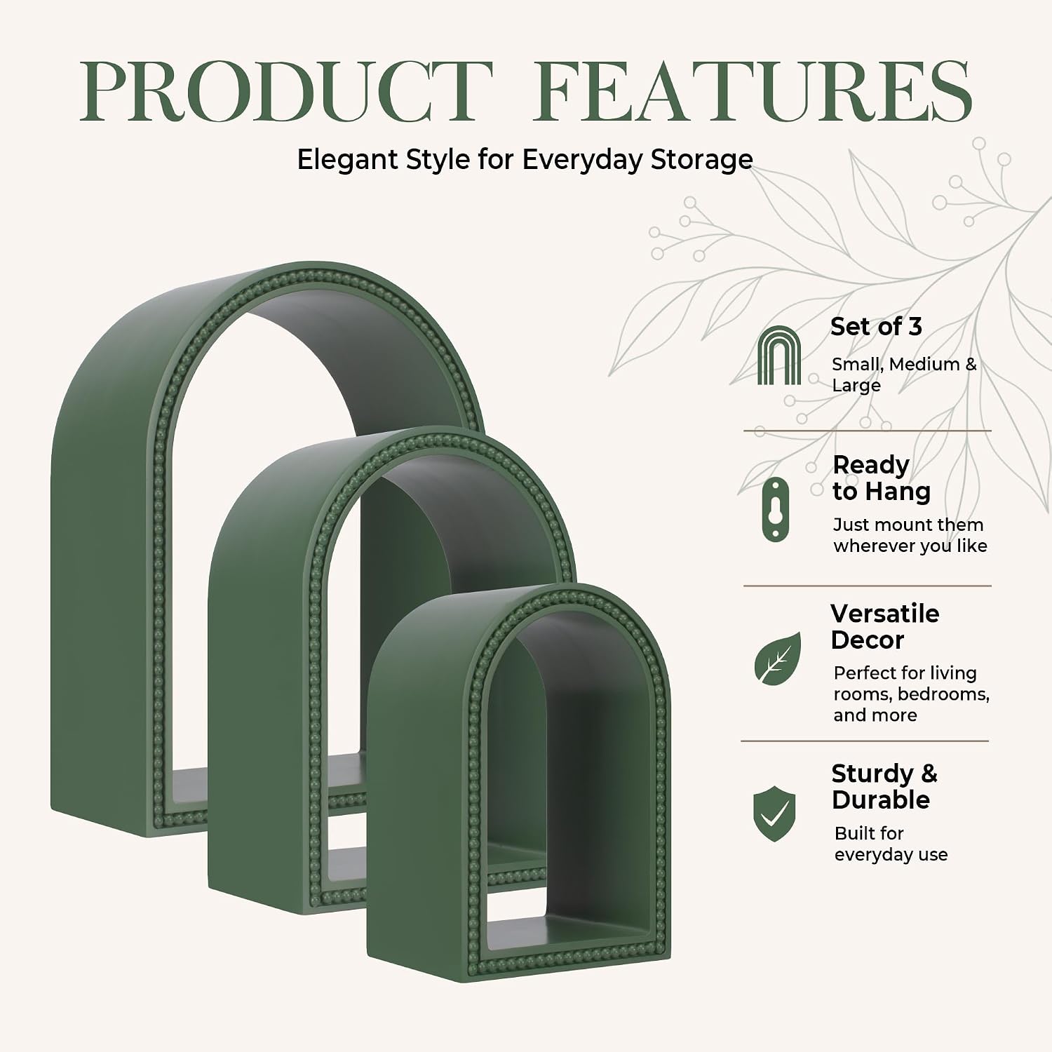 Sage Green Arched Wall Shelf Set of 3, Decorative Wooden Floating Shelves image 4