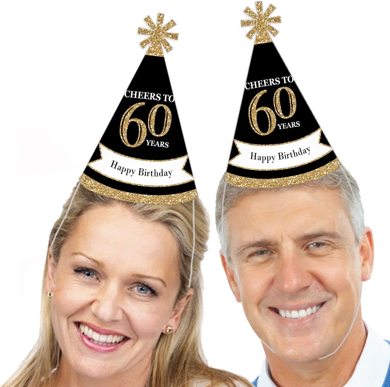 Big Dot of Happiness Adult Birthday - Gold - Cone Birthday Party Hats for Adults - Set of 8 (Standard Size)