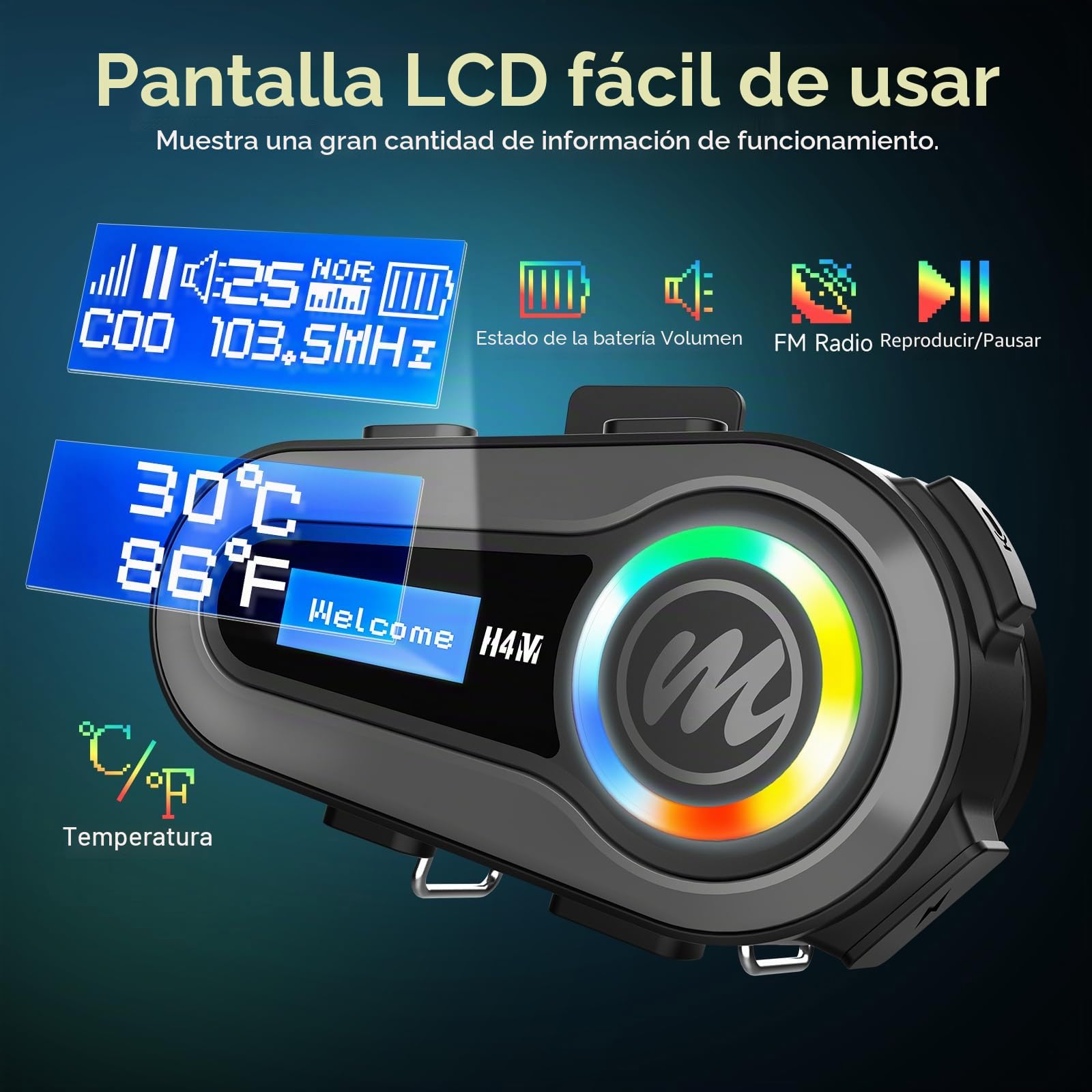 Moman Auriculares Casco Moto, H4M 【Pantalla LCD & 6 EQ Modo】 Manos Libres Motocicleta Auriculares Inalámbricos Capacete Moto HiFi Estéreo Cancelación de Ruido Radio FM Asistente de Voz Impermeable