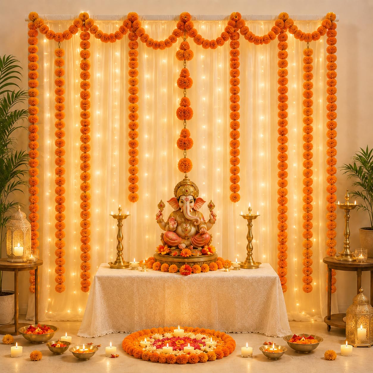 Lazybeee Backdrop Decoration Kit | Net Curtain & Artificial Plant Vines for Ganesh Chaturthi, Haldi & Mehndi, Home Decor & Birthday & Parties | (Ganesh Backdrop Design 11 - C1)