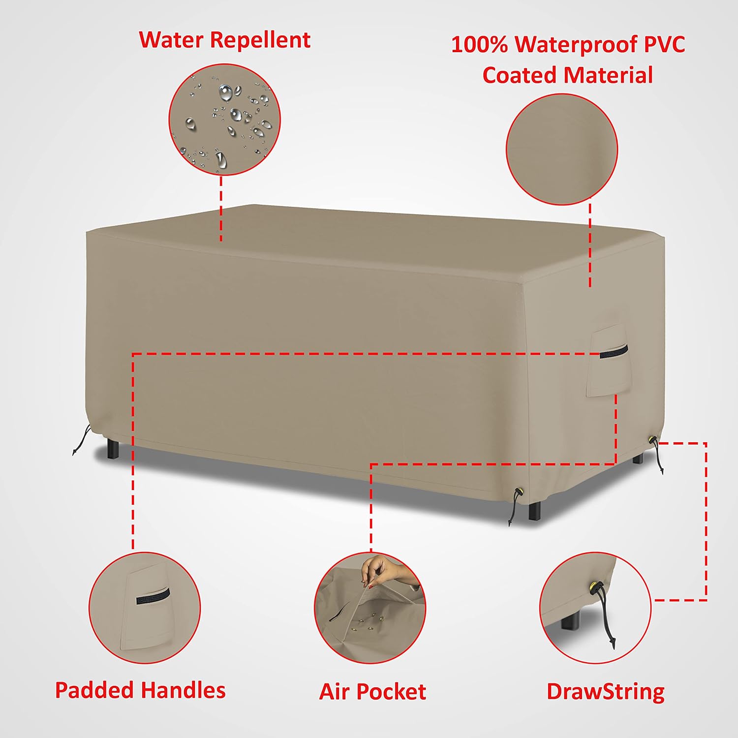 Rectangular/Oval Outdoor Table Cover 12 Oz Waterproof - Rectangle Table Cover with 100% Weather Resistant - with Air Pocket and Drawstring for Snug Fit (108" W x 50" D x 24" H, Beige)