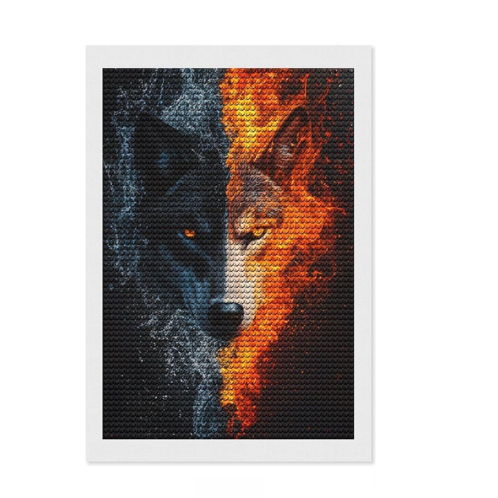Junmoney Fire and Water Wolf Diamond Art Canvas 8"x12", for Creative Relaxation, Printed Canvas, Modern Decor, Christmas Gift, with Tool Kit