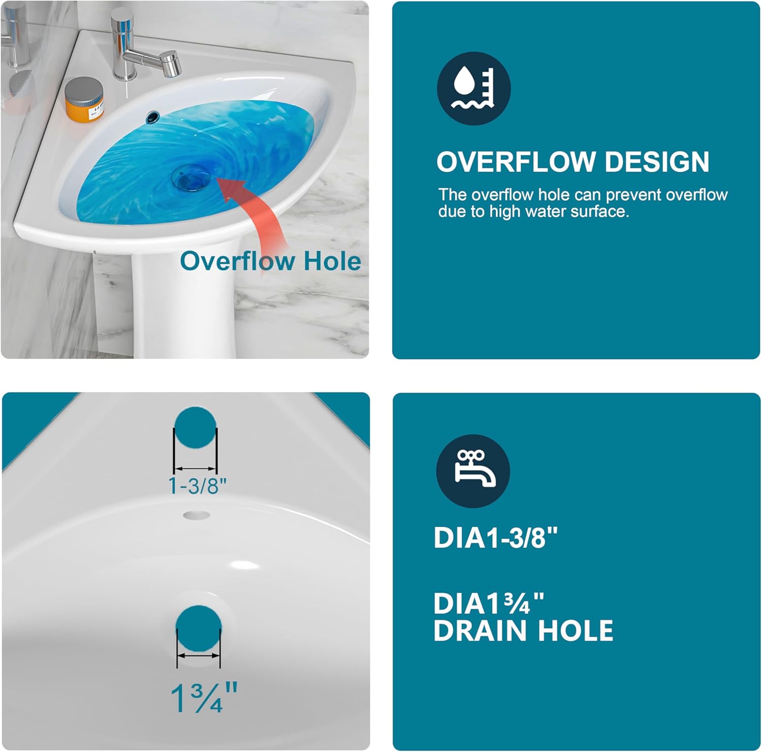 Corner Pedestal Sink White 1 Hole, 23 x 19 Inch Small Bathroom Pedestal Sink Combo, 1 Overflow Hole, 1 Faucet Hole, Pure White Porcelain, Triangular, for Corner of Bathroom