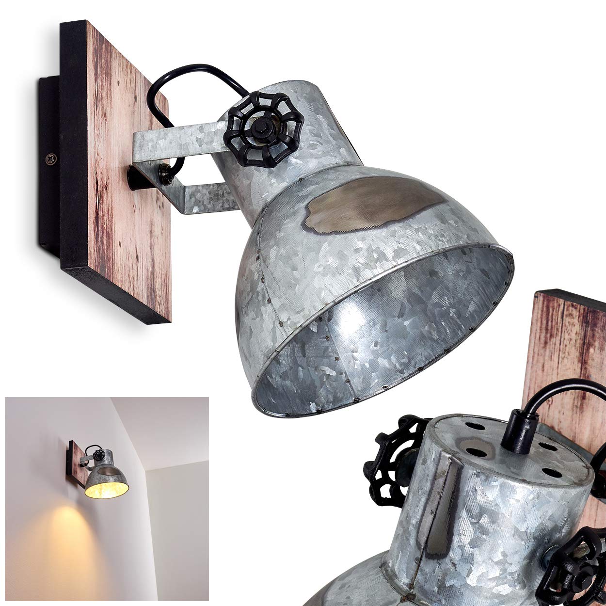 Wandleuchte Hora, verstellbare Wandlampe aus Stahl in Schwarz/Silber m. Holzoptik, 1-flammig, 1 x E27-Fassung, Wandspot im Retro/Vintage Design m. Gitter-Optik, ohne Leuchtmittel