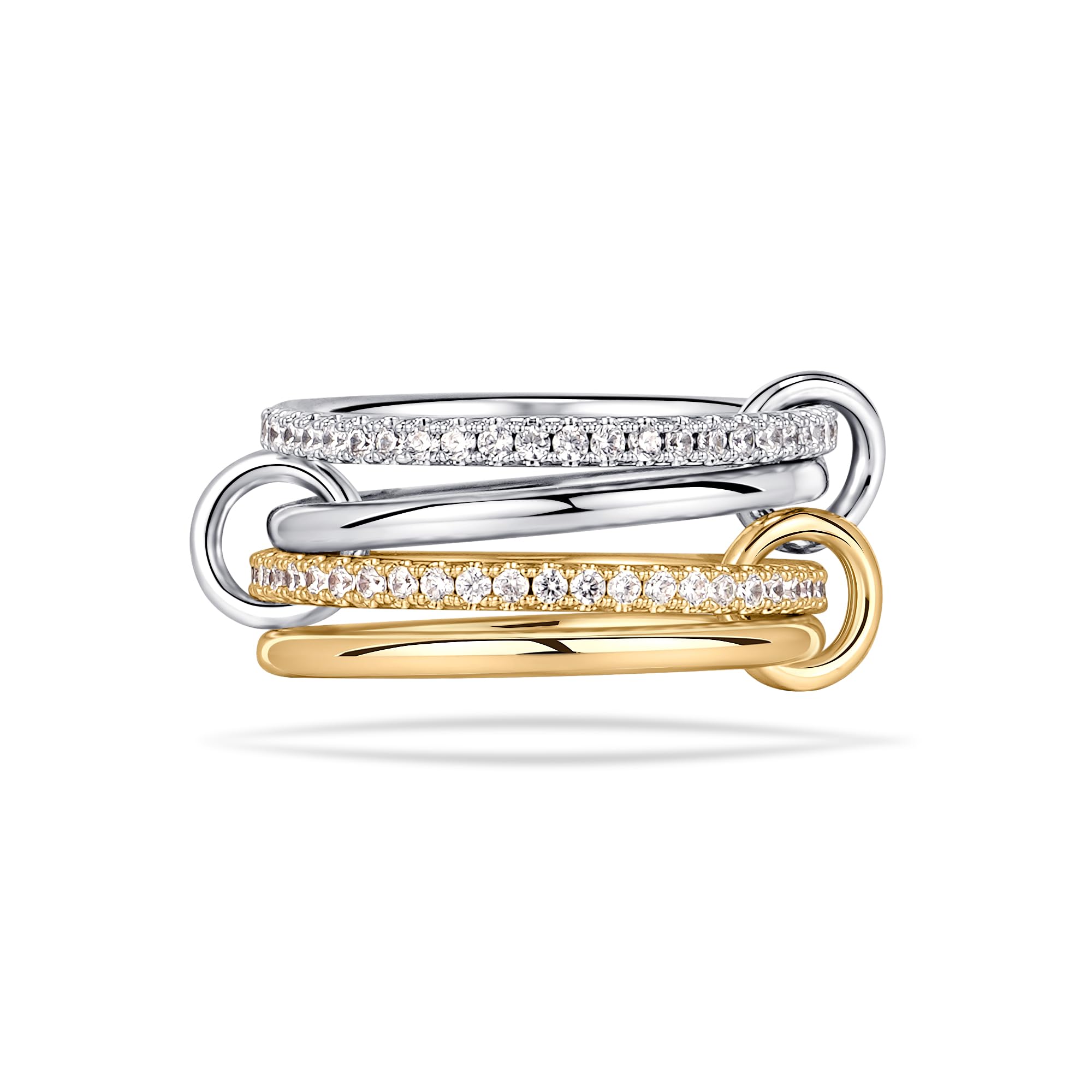 NOKMIT 14K Gold Plated 4 Interlocking Stackable Rings Set with CZ Cubic Zirconia Gold & Silver Mixed Metals Multi-Link Con...